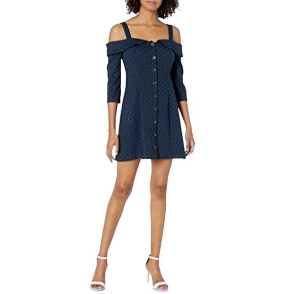 NWT BCBGeneration Off Shoulder Button Front Dress Indigo Blue Size 2 - Picture 1 of 12